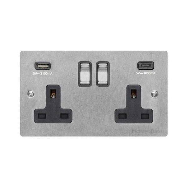 Elite Flat Plate Range-Satin Nickel-2G 13A Socket with USB-A+C