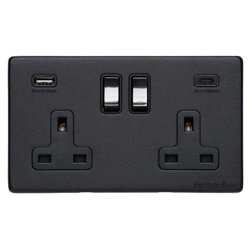 Vintage Range Matt Black | 2G 13A Socket with USB-A+C