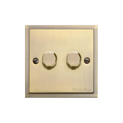 Elite Stepped Plate Range Antique Brass | 2 Gang TED Dimmer (Compatible with LED Lamps)