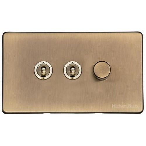 Vintage Range Antique Brass | 3G Mixed Toggle Dimmer Switch 2xToggle 1xTED