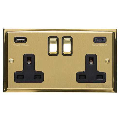 Elite Stepped Plate Range-Satin Brass Dual Finish-2G 13A Socket with USB-A+C