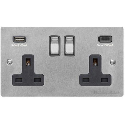 Elite Flat Plate Range-Satin Chrome-2G 13A Socket with USB-A+C