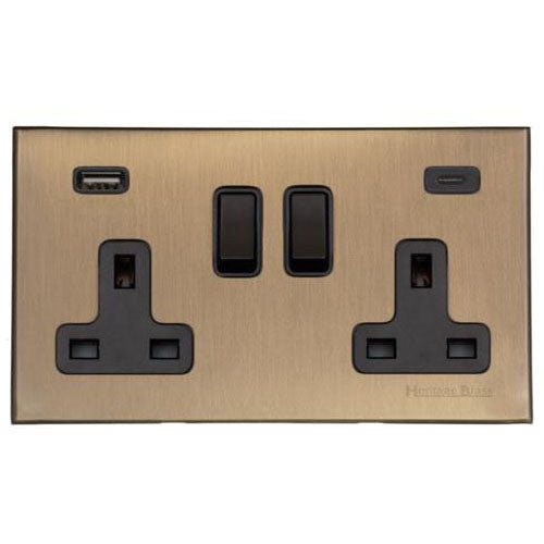 Windsor Range-Matt Antique Brass-2G 13A Socket with USB-A+C