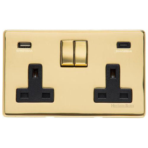 Studio Range-Polished Brass-2G 13A Socket with USB-A+C