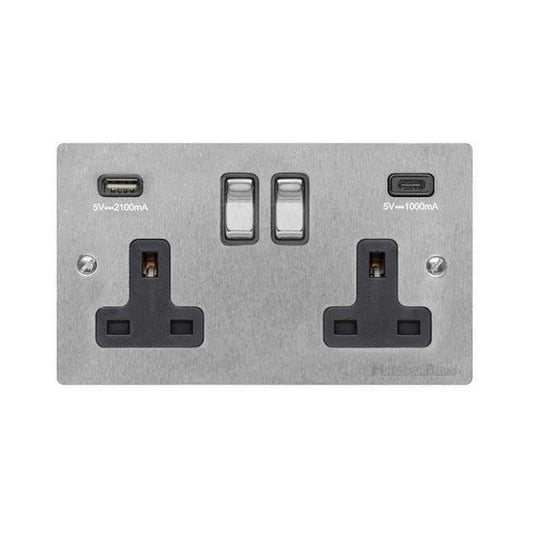 Elite Flat Plate Range-Satin Nickel-2G 13A Socket with USB-A+C