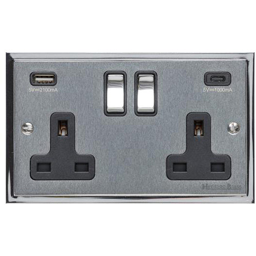 Elite Stepped Plate Range Satin Chrome | 2G 13A Socket with USB-A+C