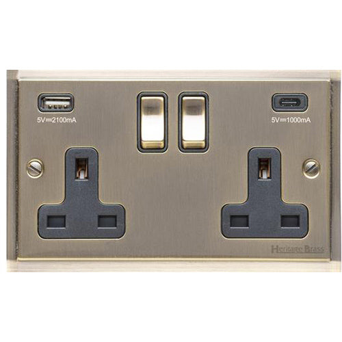 Elite Stepped Plate Range Antique Brass | 2G 13A Socket with USB-A+C
