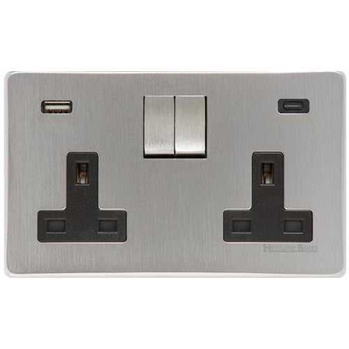 Studio Range Satin Chrome | 2G 13A Socket with USB-A+C