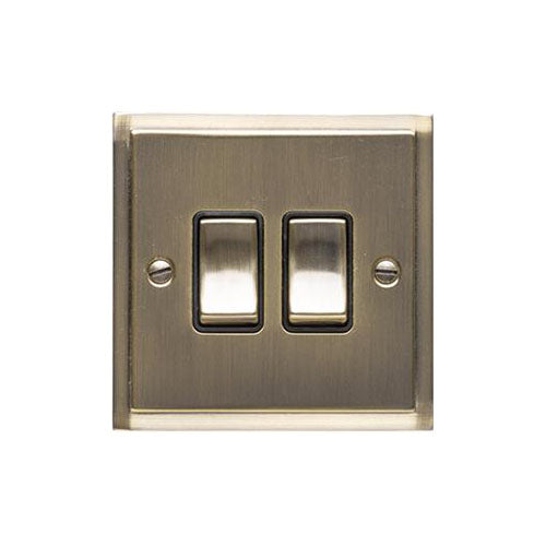 Elite Stepped Plate Range Antique Brass | 2 Gang Rocker Switch