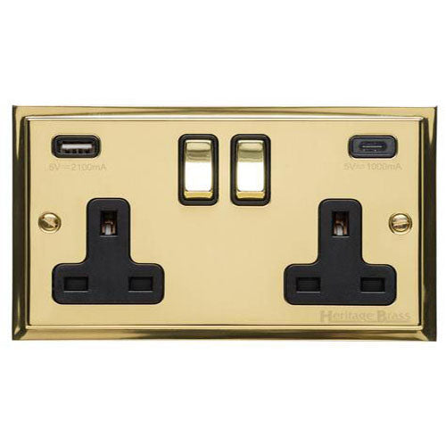 Elite Stepped Plate Range-Polished Brass-2G 13A Socket with USB-A+C