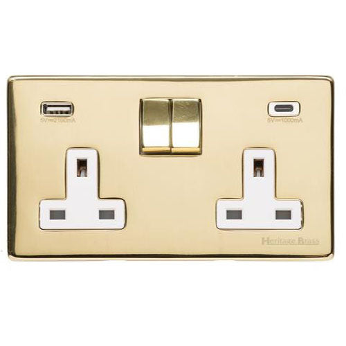 Studio Range-Polished Brass-2G 13A Socket with USB-A+C