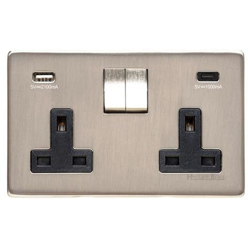 Studio Range-Satin Nickel-2G 13A Socket with USB-A+C