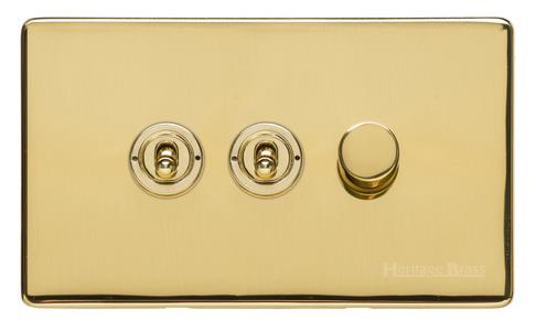 Vintage Range Unlacquered Polished Brass | 3G Mixed Toggle Dimmer Switch 2xToggle 1xTED