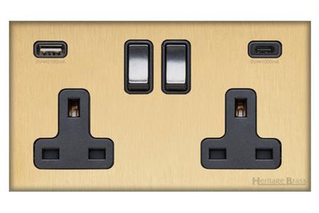 Windsor Range Matt Brass-2G 13A Socket with USB-A+C