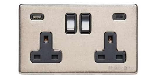 Vintage Range Rustic Nickel-2G 13A Socket with USB-A+C